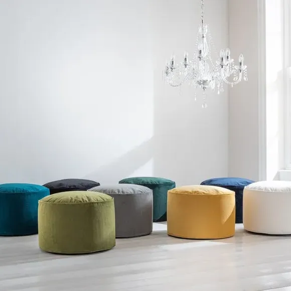 Velvet Pouffe with Piped Edges - Green, Velvet