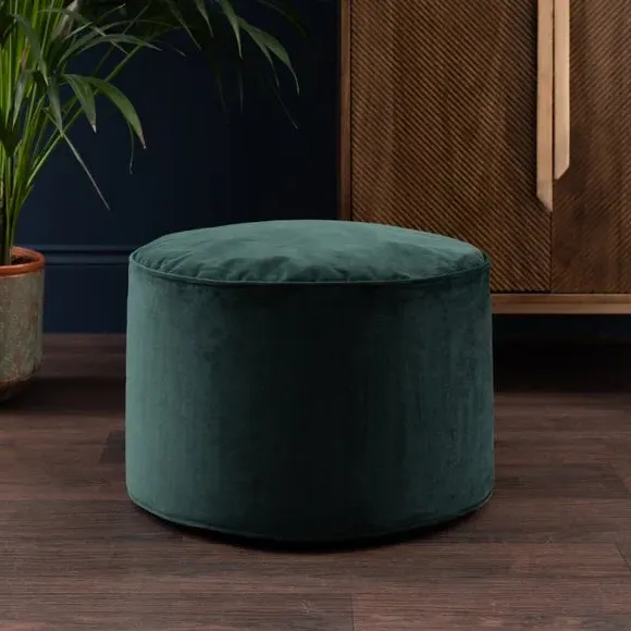 Velvet Pouffe with Piped Edges - Green, Velvet