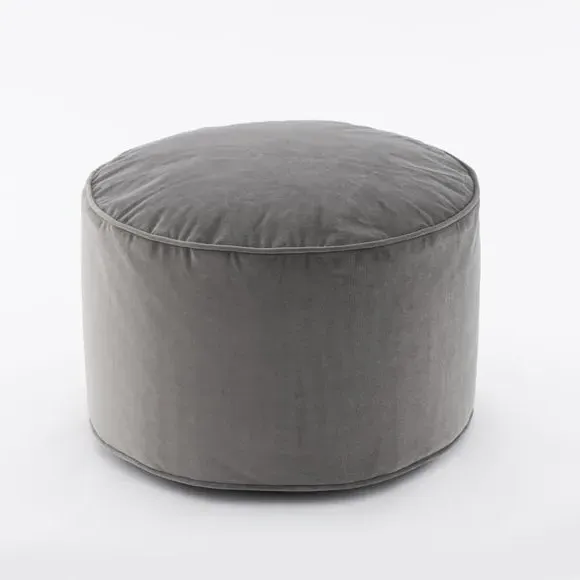 Velvet Pouffe with Piped Edges - Grey, Velvet