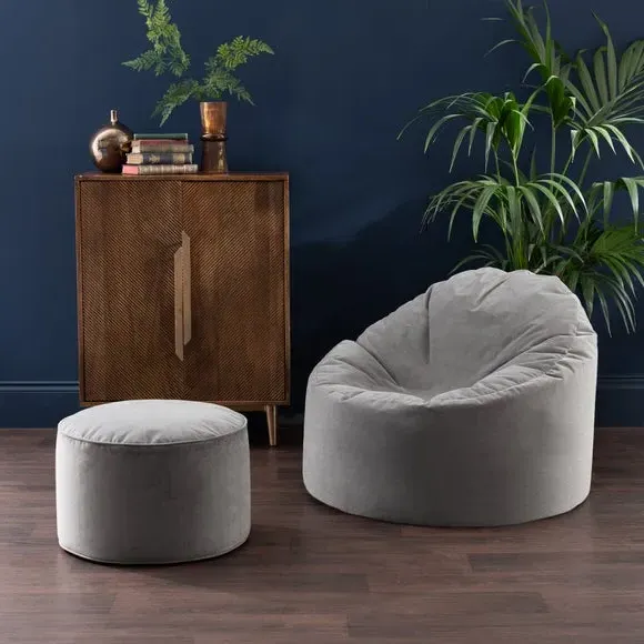 Velvet Pouffe with Piped Edges - Grey, Velvet