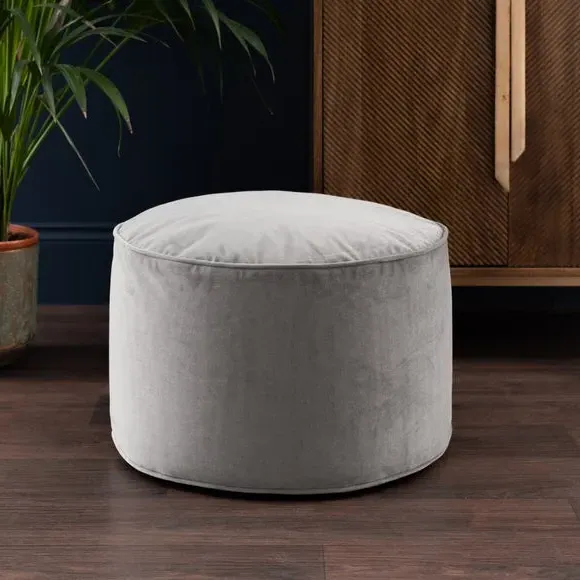 Velvet Pouffe with Piped Edges - Grey, Velvet