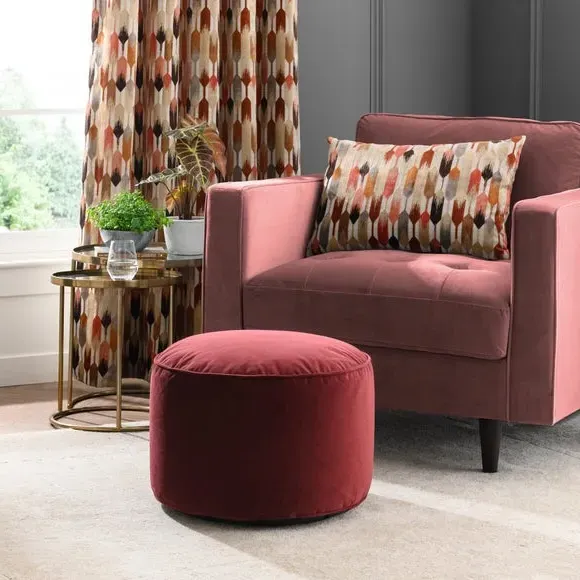 Velvet Pouffe with Piped Edges - Merlot, Velvet