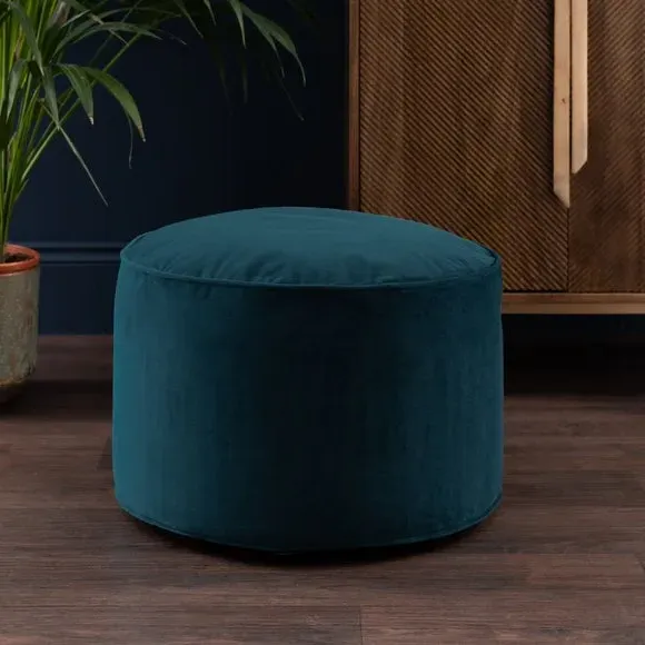 Velvet Pouffe with Piped Edges - Peacock, Velvet