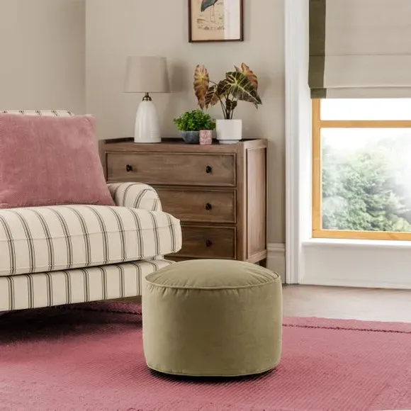 Velvet Pouffe with Piped Edges - Soft Olive, Velvet