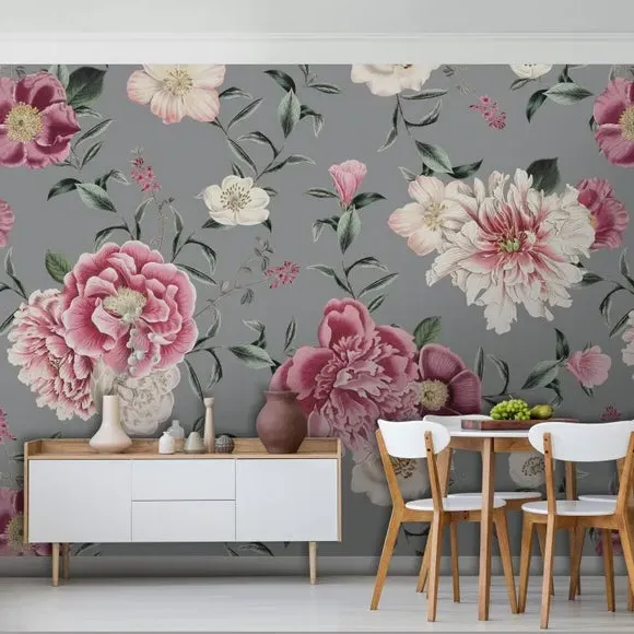 Vintage Floral Wall Mural - Grey