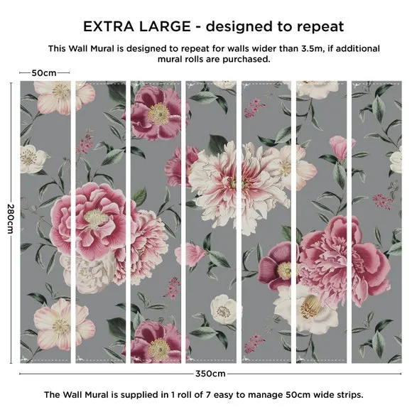 Vintage Floral Wall Mural - Grey