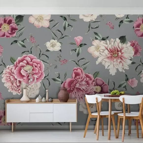 Vintage Floral Wall Mural - Grey