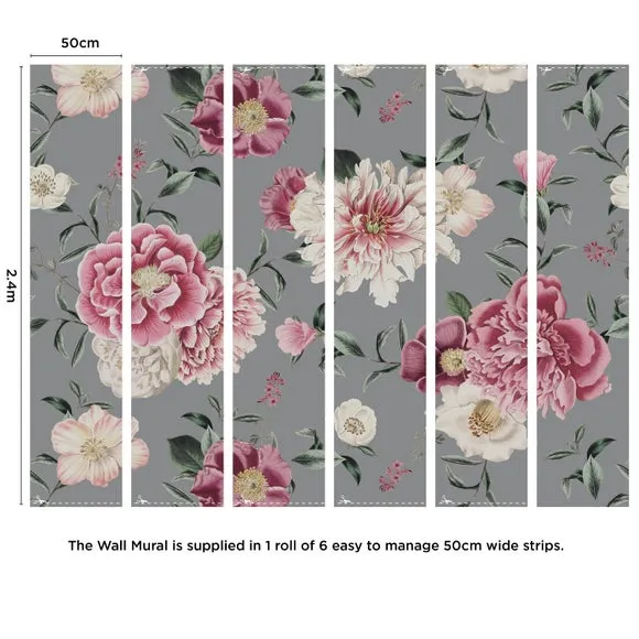 Vintage Floral Wall Mural - Grey