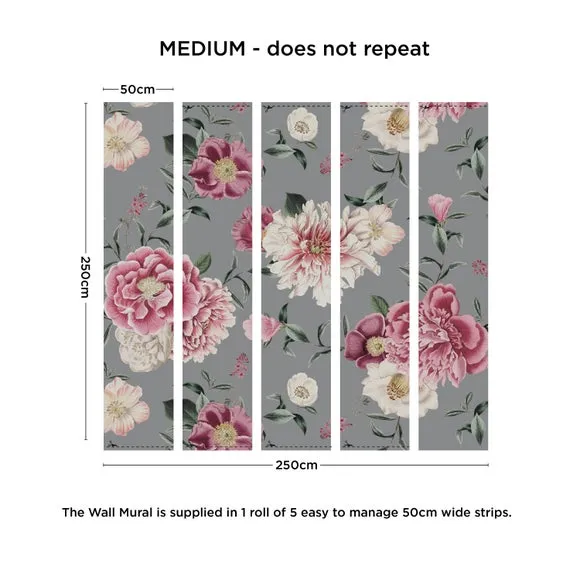 Vintage Floral Wall Mural - Grey