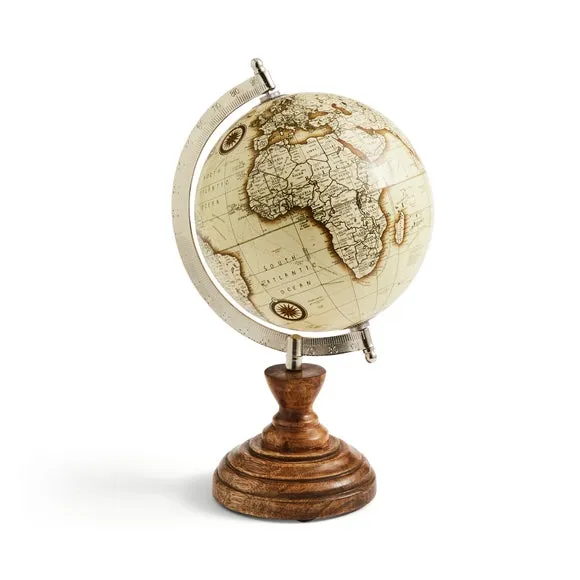 Vintage Globe with Wood Base - Cream, Mango Wood
