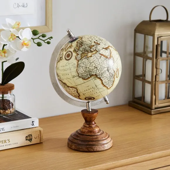 Vintage Globe with Wood Base - Cream, Mango Wood image