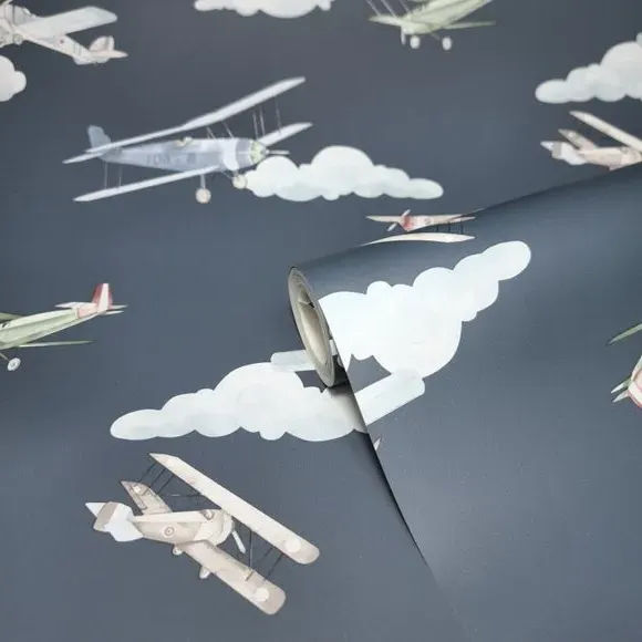 Vintage Planes Wallpaper - Blue, Matt Ink