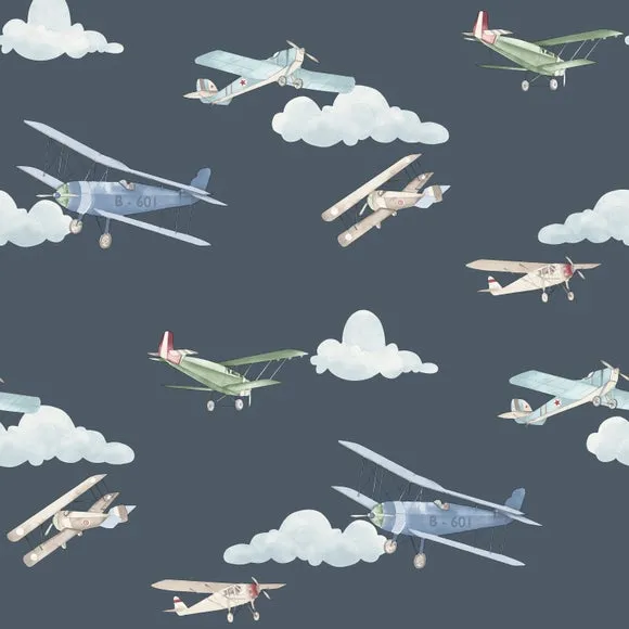 Vintage Planes Wallpaper - Blue, Matt Ink