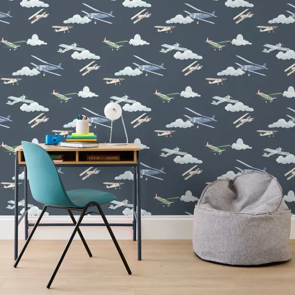 Vintage Planes Wallpaper - Blue, Matt Ink