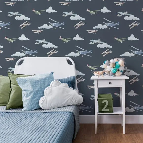 Vintage Planes Wallpaper - Blue, Matt Ink image