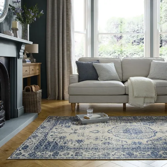 Vintage Rug with Distressed Design - Blue, Chenille