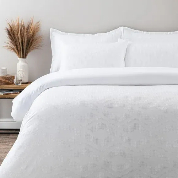 Waffle Duvet Cover Set - White, Polyester