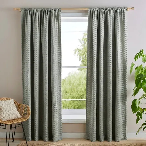 Waffle Slot Top Curtains - Sage, Polycotton