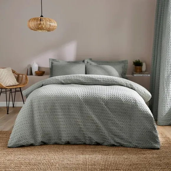 Waffle Slot Top Curtains - Sage, Polycotton