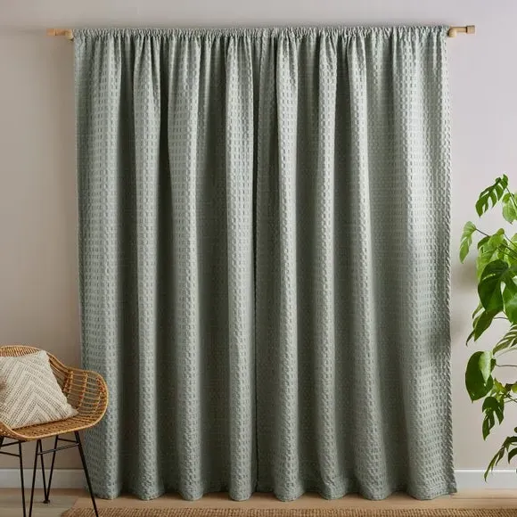 Waffle Slot Top Curtains - Sage, Polycotton