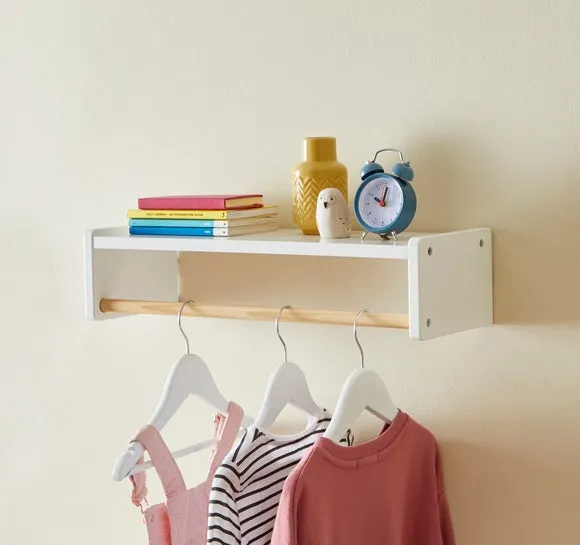 Wall Book Shelf with Clothing Rail - White, Wood