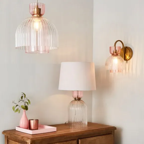 Wall Light with Fluted Shade - Pink, Glass
