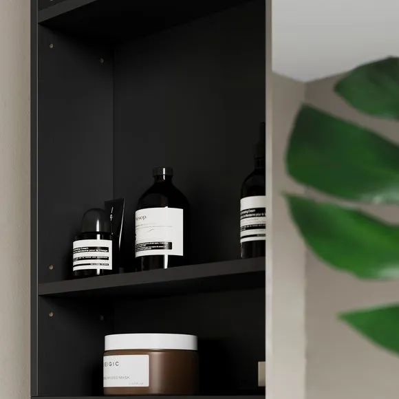 Wall Mirror Cabinet with Shelves - Black, Wood