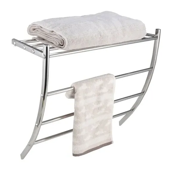 Wall Mounted Towel Rail with Shelf - Silver