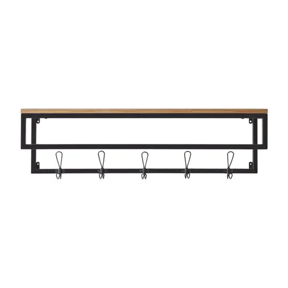 Wall Shelf with Hooks - Pine, Metal Frame