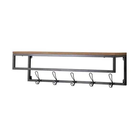 Wall Shelf with Hooks - Pine, Metal Frame