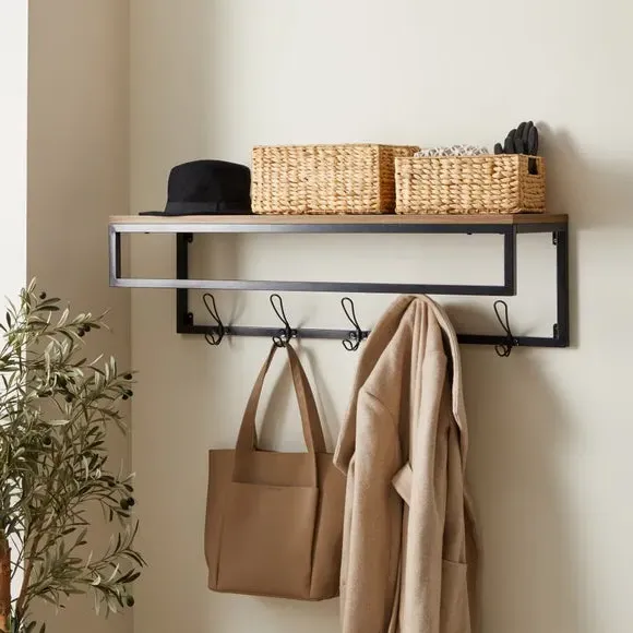 Wall Shelf with Hooks - Pine, Metal Frame image