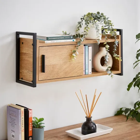 Wall Shelf with Sliding Door - Black, Oak Veneer