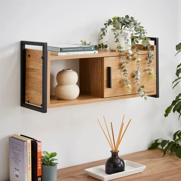 Wall Shelf with Sliding Door - Black, Oak Veneer image