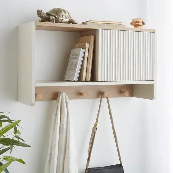 Wall Shelf with Sliding Door & Hooks - Light Grey