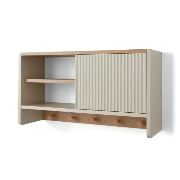 Wall Shelf with Sliding Door & Hooks - Light Grey