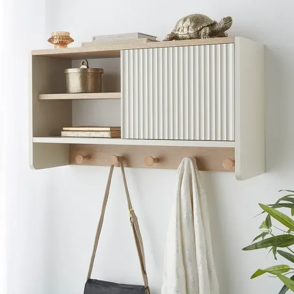 Wall Shelf with Sliding Door & Hooks - Light Grey image