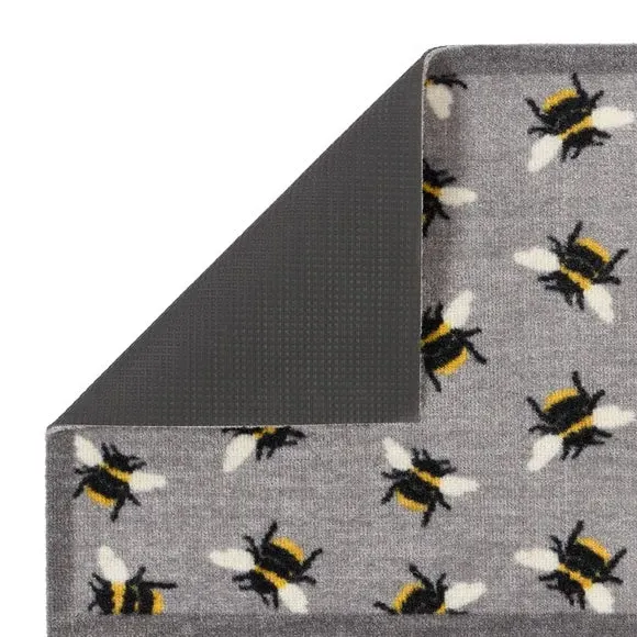 Washable Door Mat with Bee Design - Grey