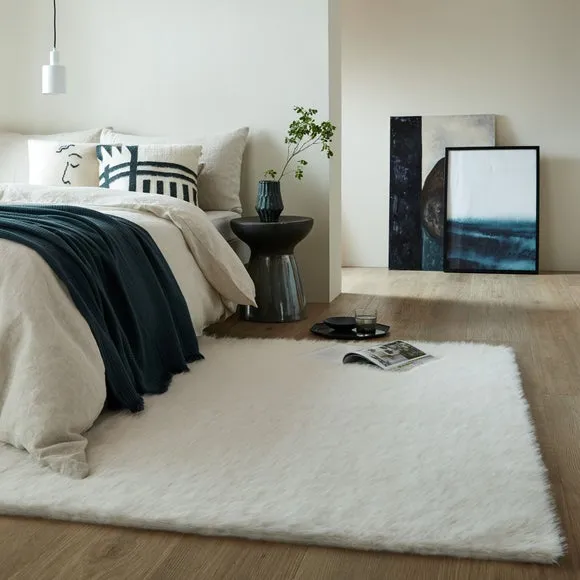Washable Faux Fur Rug - White, High-Low Texture