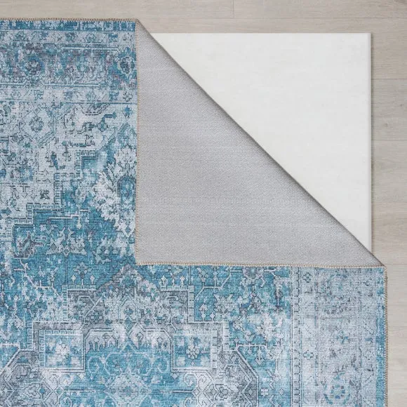 Washable Runner Rug Traditional - Blue, Cotton