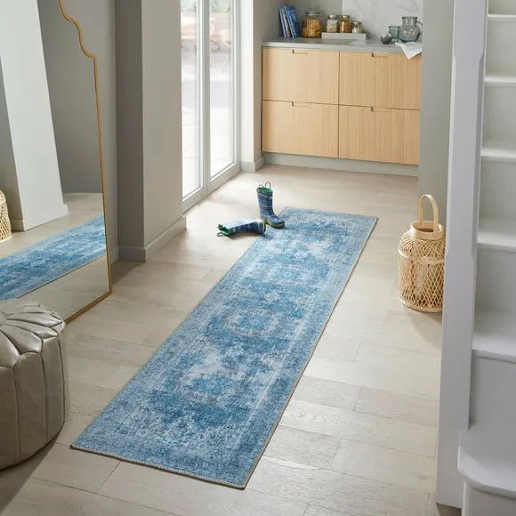 Washable Runner Rug Traditional - Blue, Cotton