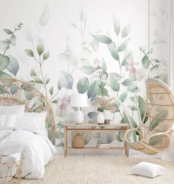 Watercolour Leaves Wall Mural - Green