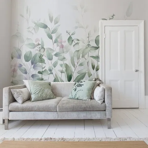 Watercolour Leaves Wall Mural - Green image