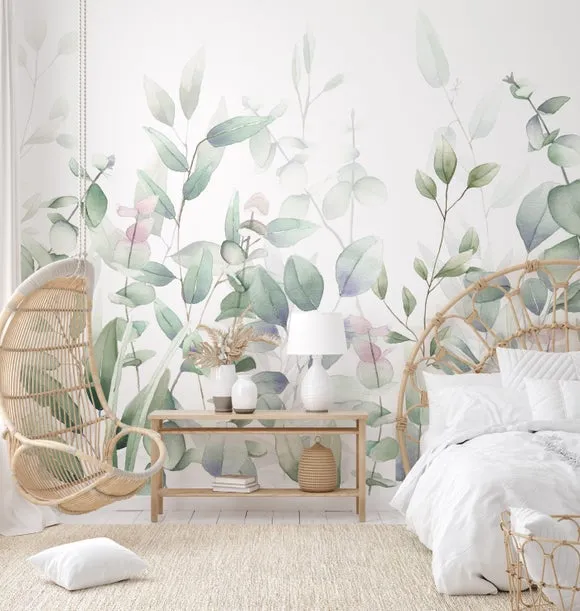 Watercolour Leaves Wall Mural - Green