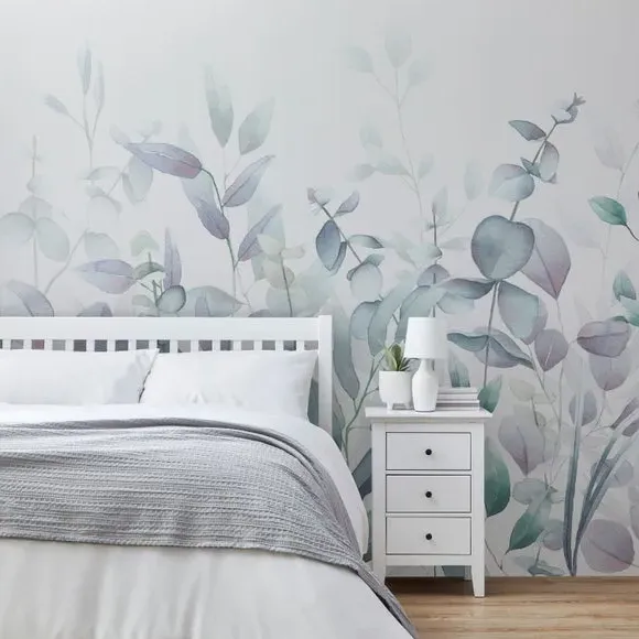 Watercolour Leaves Wall Mural - Lilac