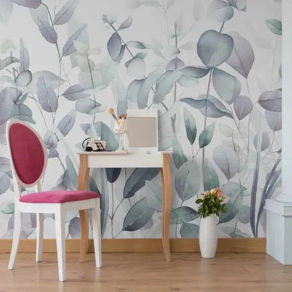Watercolour Leaves Wall Mural - Lilac