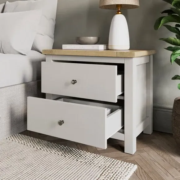Wide 2 Drawer Bedside Table - Stone, Oak Effect