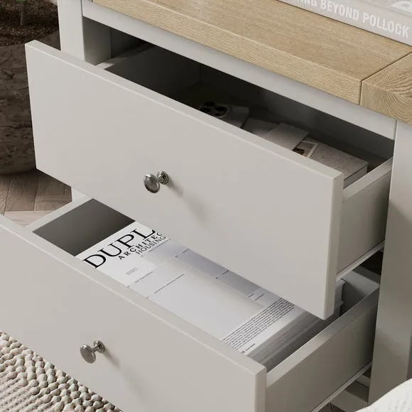 Wide 2 Drawer Bedside Table - Stone, Oak Effect