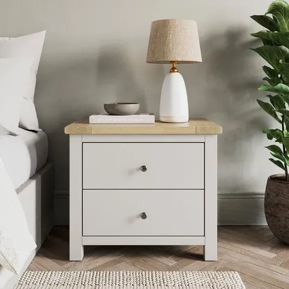 Wide 2 Drawer Bedside Table - Stone, Oak Effect image