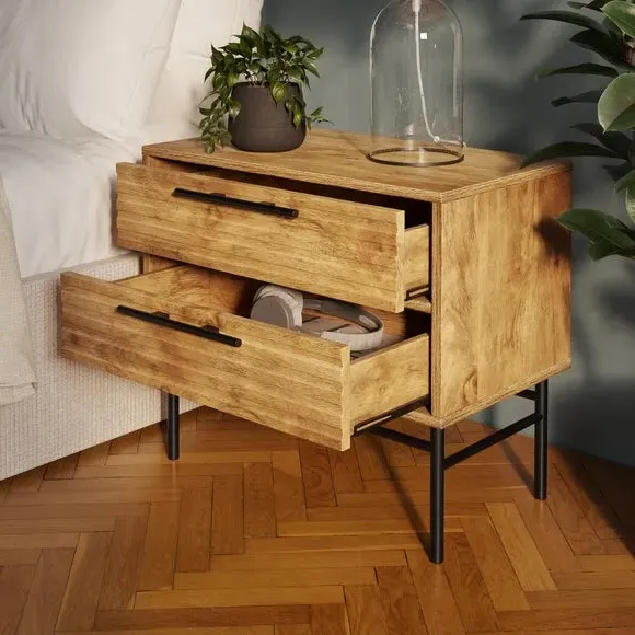 Wide 2-Drawer Bedside Table - Wood, Mango Effect