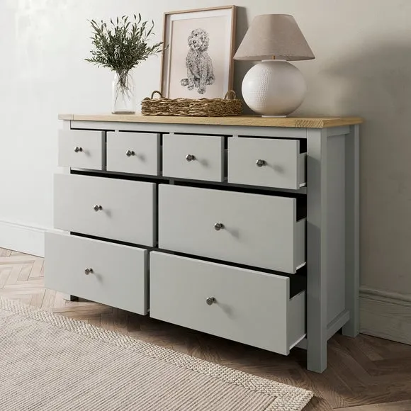 Wide 8 Drawer Chest with Oak Top - Grey